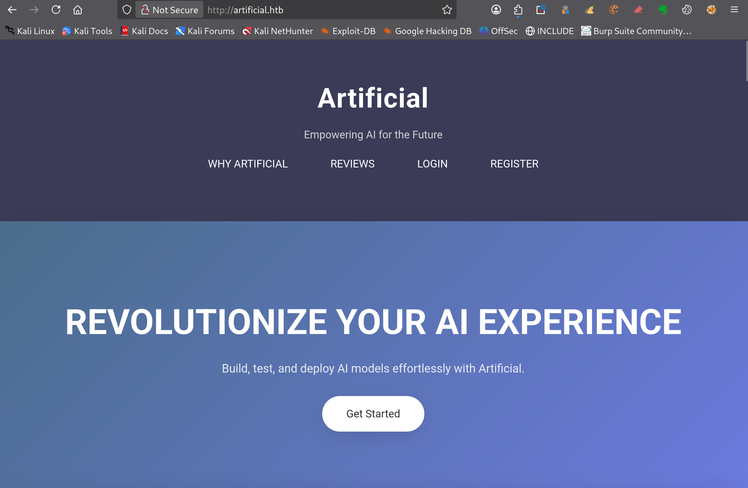 Page d’accueil Artificial HTB avec exemple de code Python TensorFlow et présentation d’une plateforme de test de modèles d’intelligence artificielle
