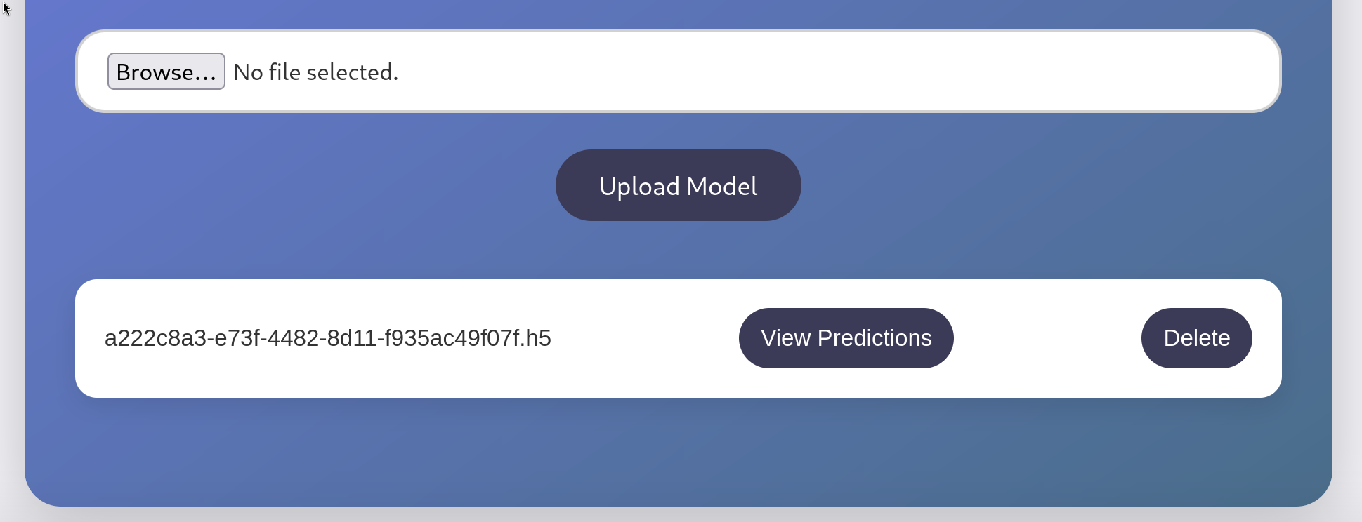 Interface du dashboard Artificial HTB montrant un modèle .h5 uploadé avec les boutons &ldquo;View Predictions&rdquo; et &ldquo;Delete&rdquo; permettant de tester le chargement du modèle côté serveur