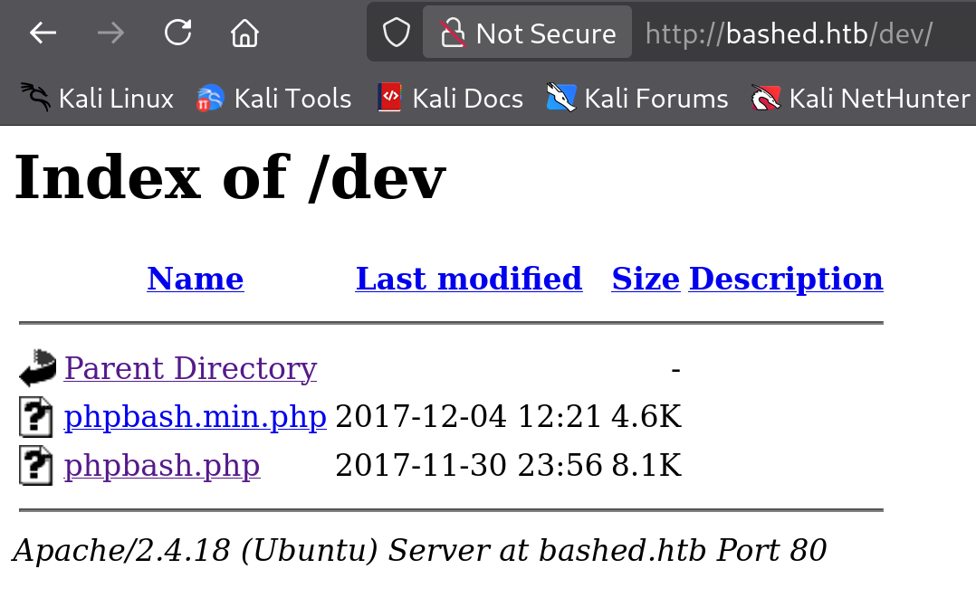 Index du répertoire /dev/ montrant le fichier phpbash.php