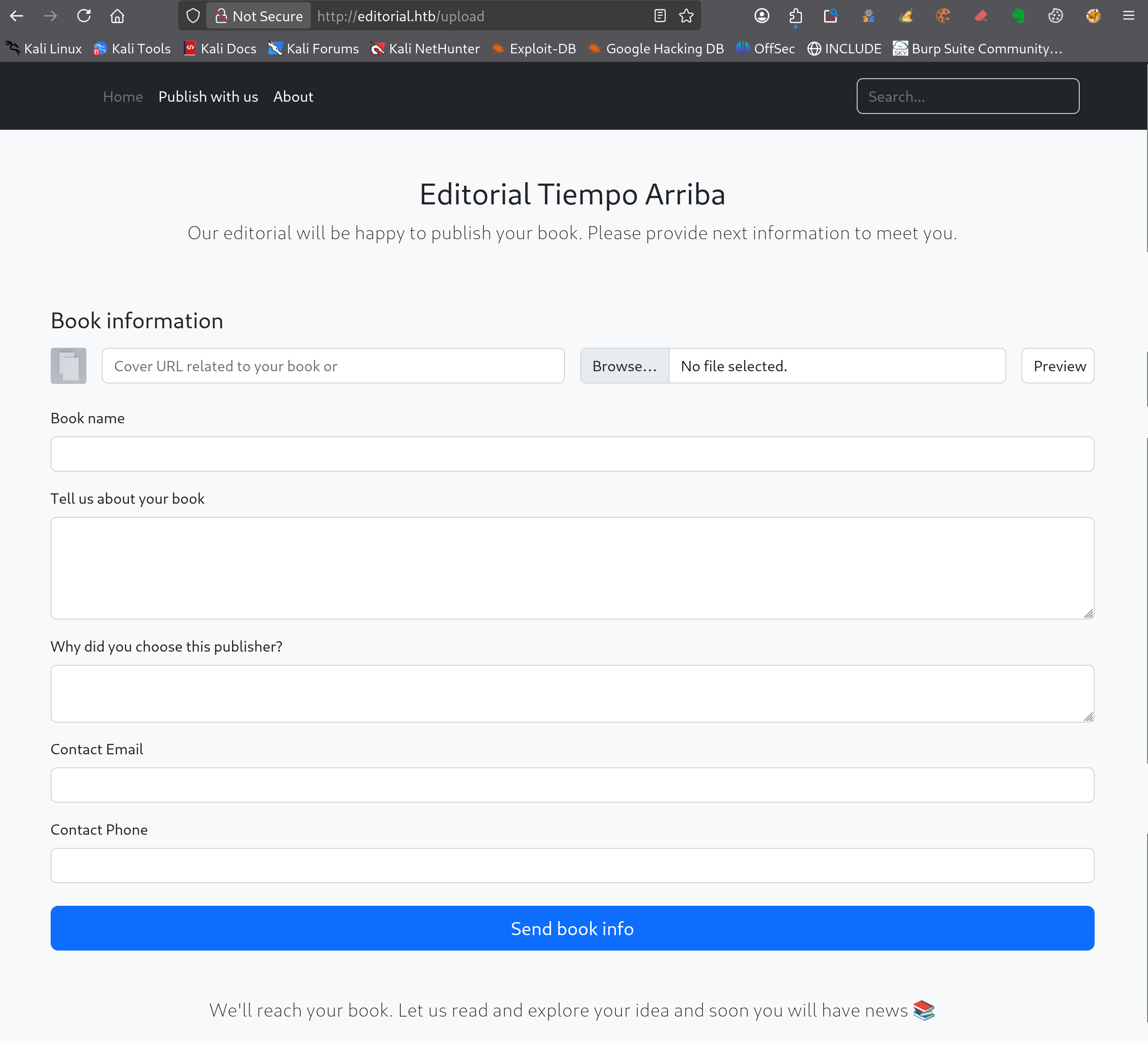 Page upload de Editorial avec le champ Cover URL permettant de fournir une URL distante pour la couverture du livre