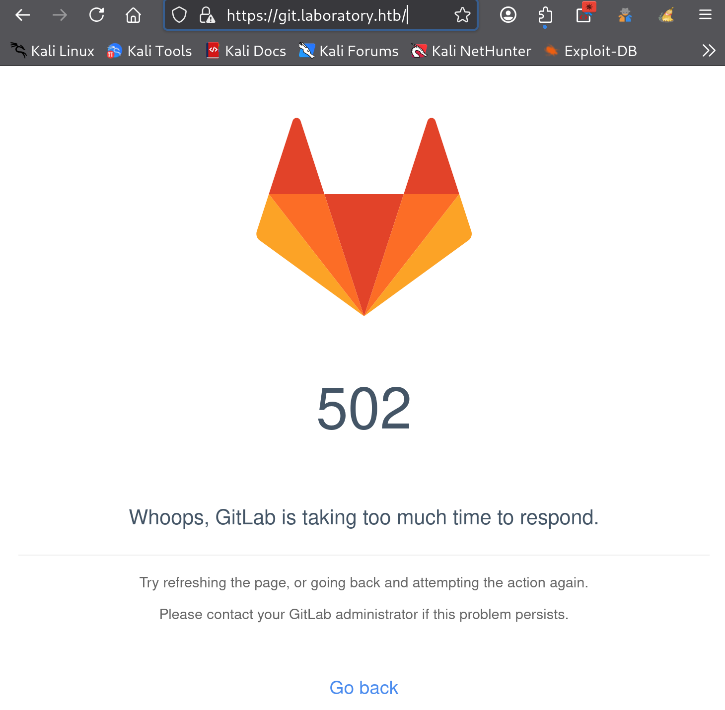 Page GitLab affichant une erreur 502 pendant le démarrage du service GitLab sur Laboratory HTB