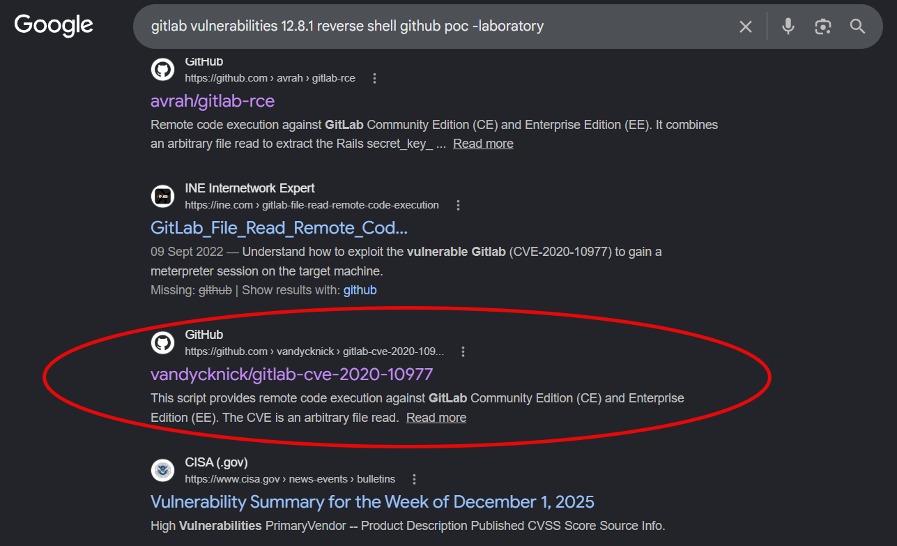 Recherche Google d’une vulnérabilité RCE pour GitLab 12.8.1 pouvant permettre l’exécution d’un reverse shell, avec le terme -laboratory pour exclure les writeups du challenge