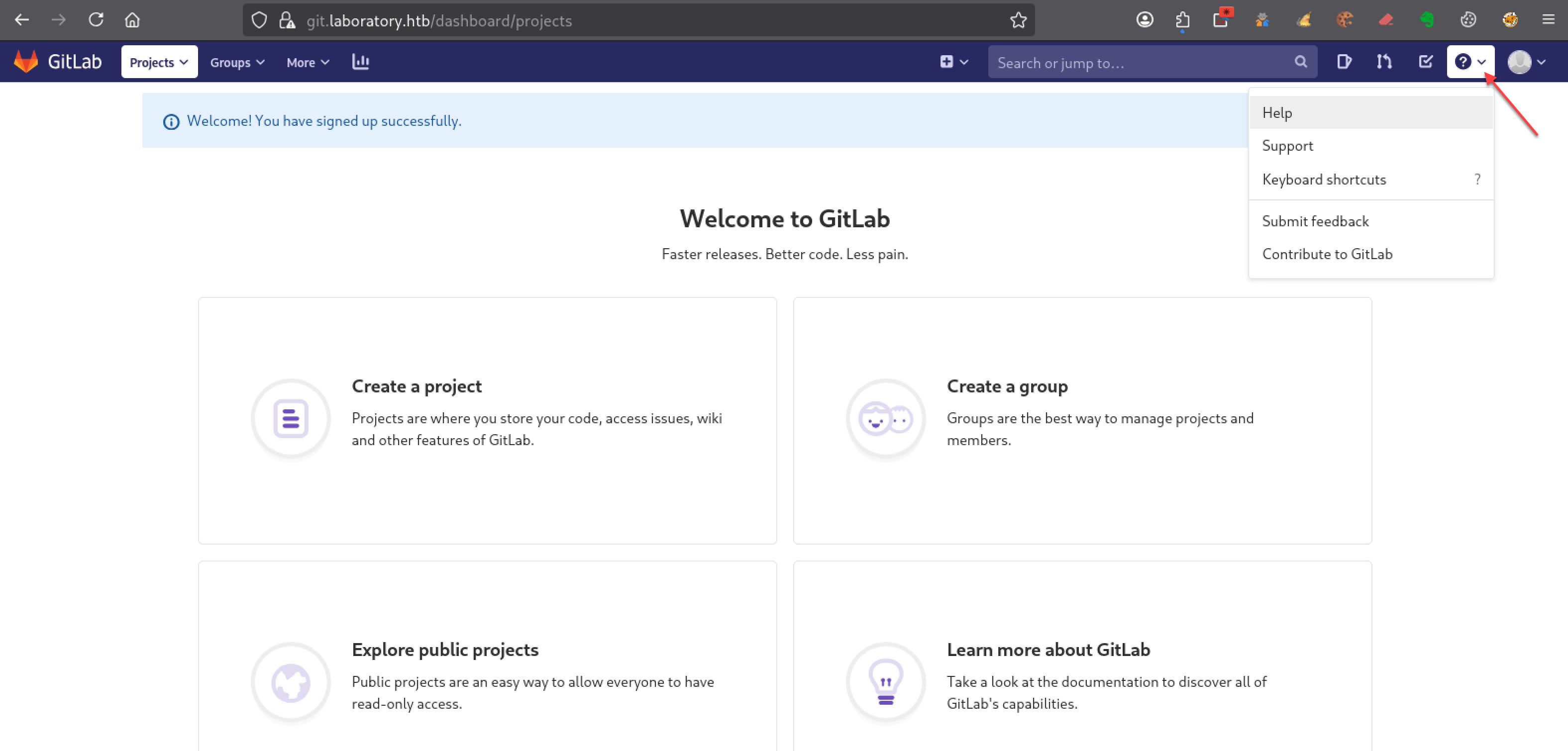 Menu utilisateur GitLab avec accès à la page Help