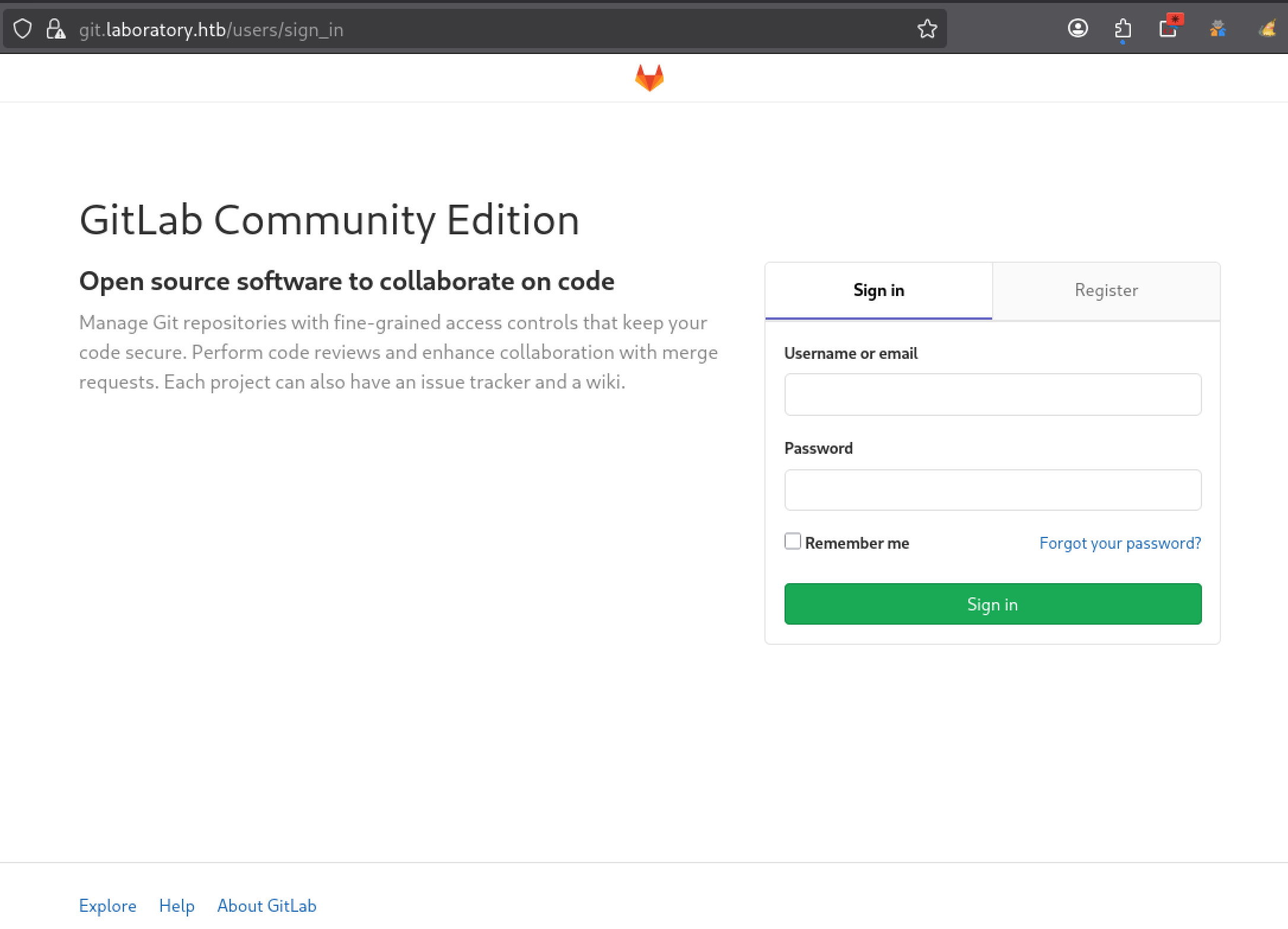 Page de connexion GitLab Community Edition disponible sur le vhost git.laboratory.htb