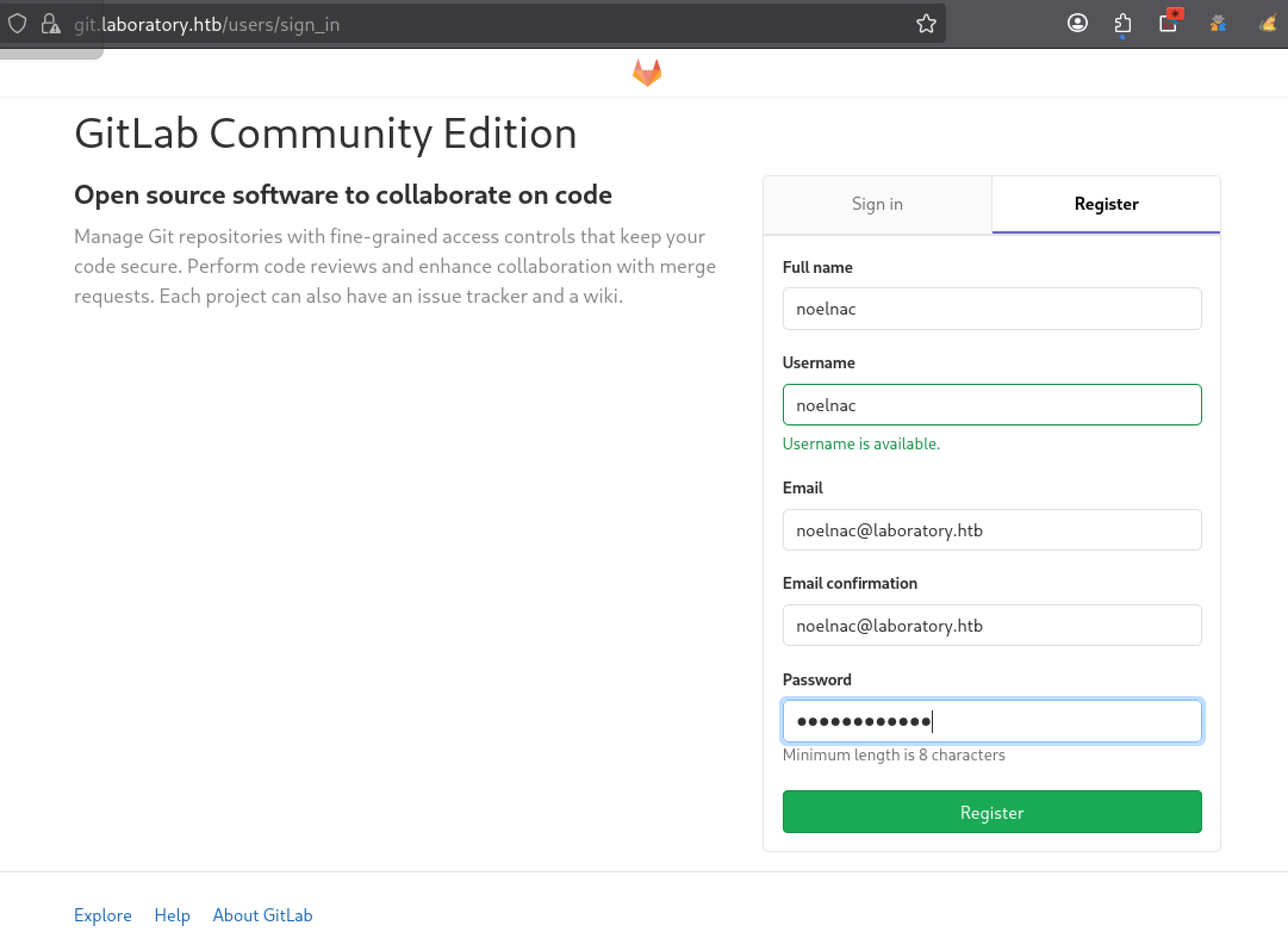Formulaire d’enregistrement GitLab sur git.laboratory.htb