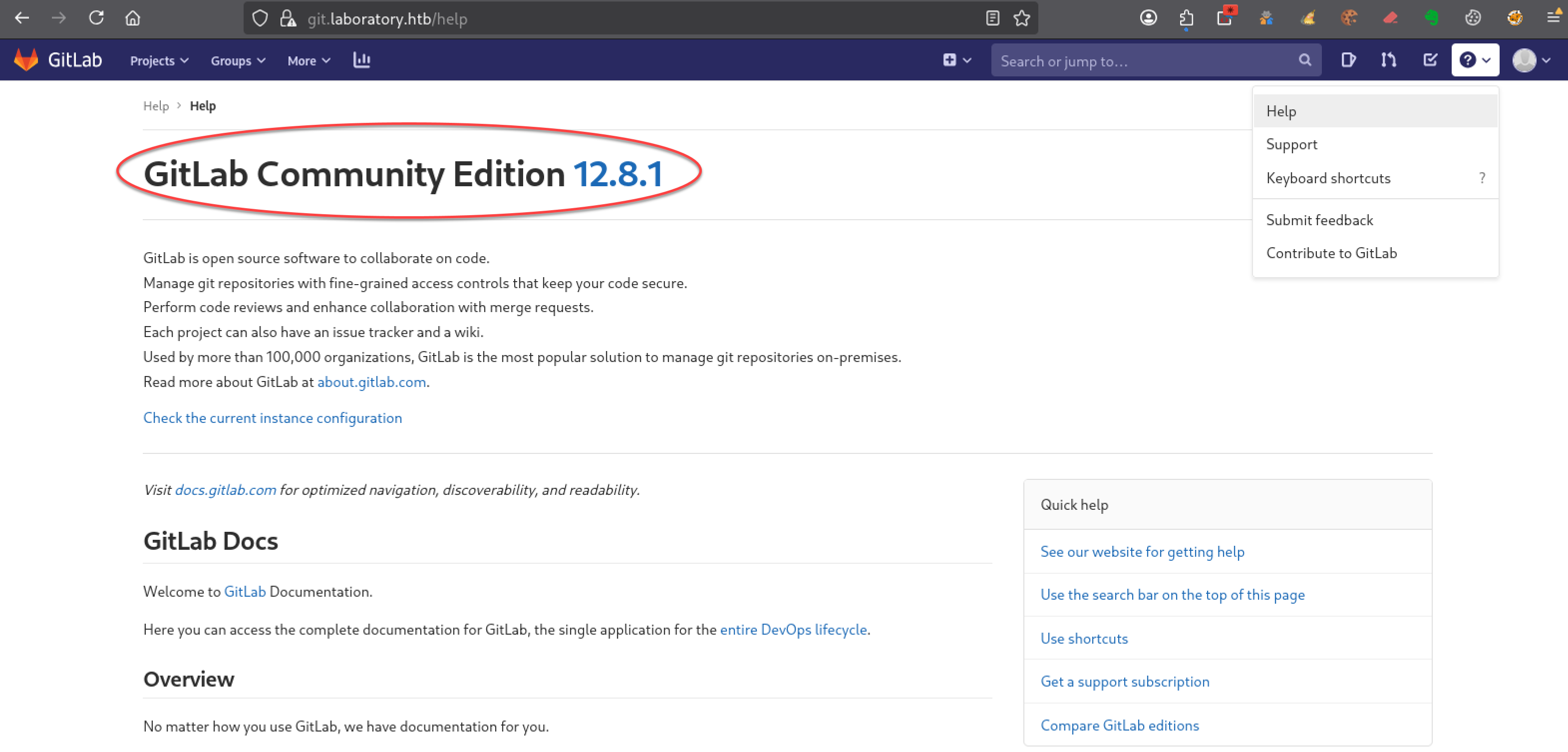 Page Help affichant la version GitLab Community Edition 12.8.1