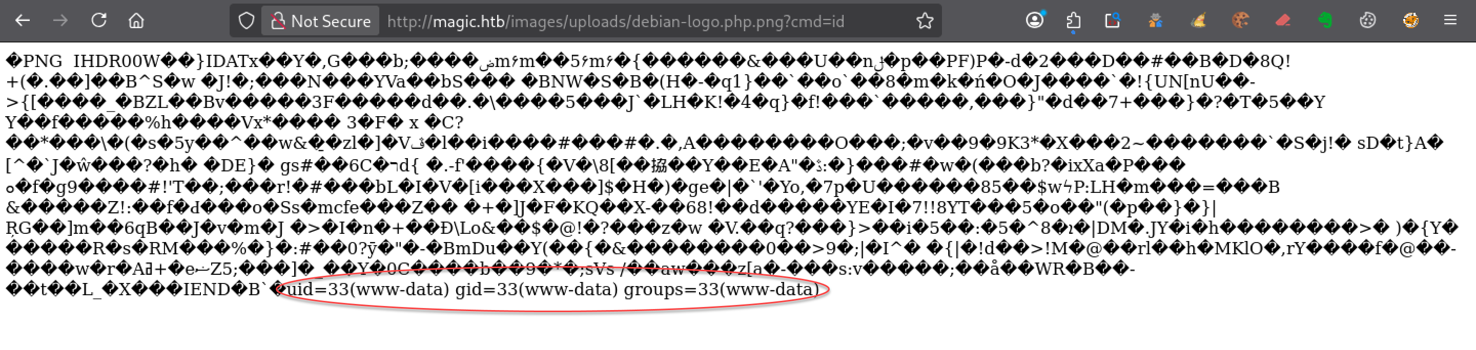 Exécution de la commande id depuis le fichier debian-logo.php.png