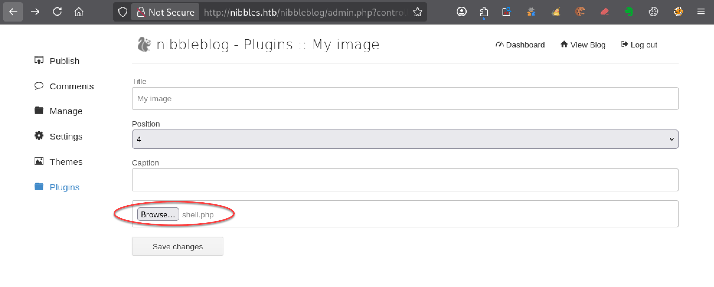 Upload d’un fichier PHP via le plugin My image de Nibbleblog