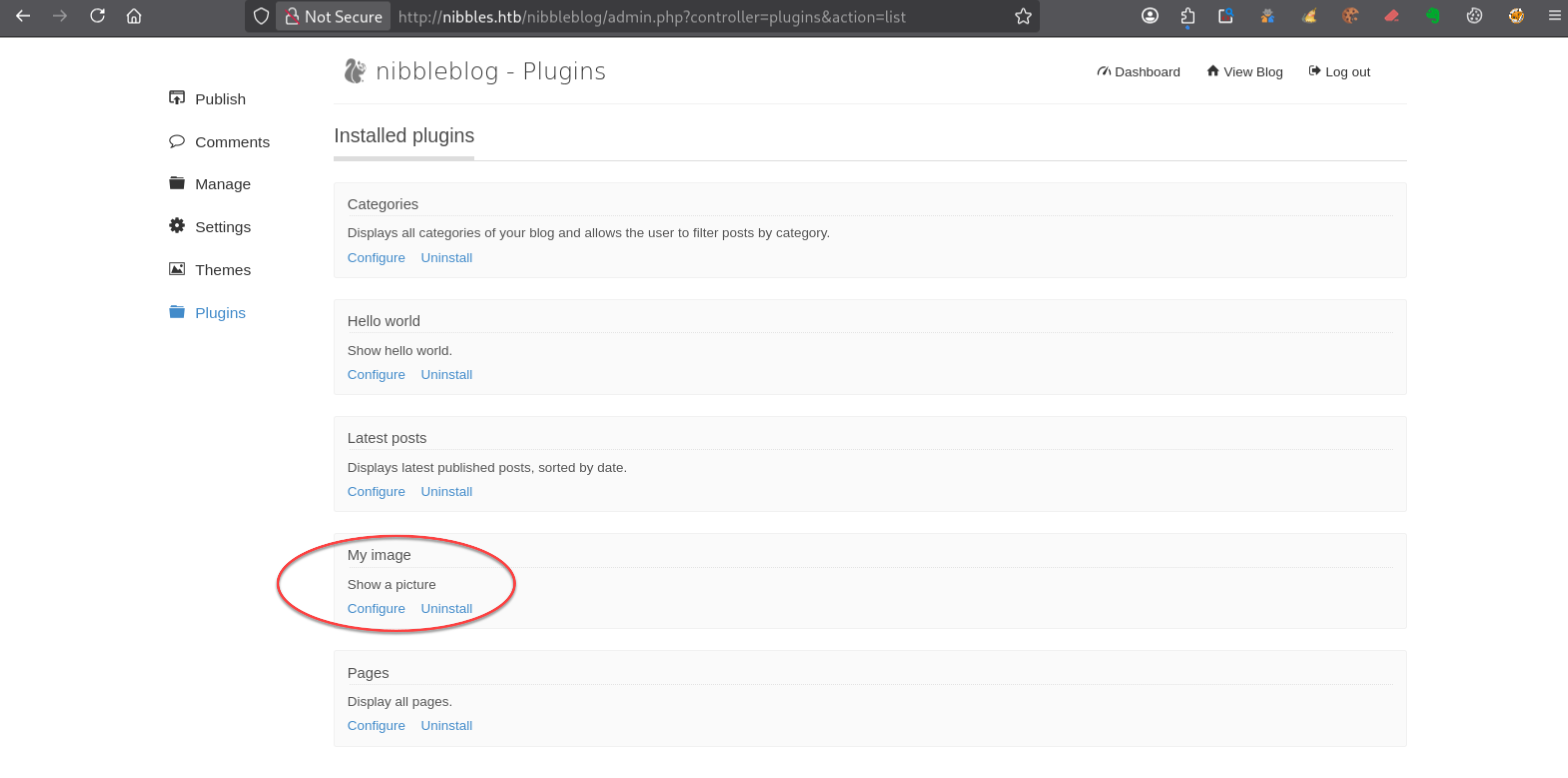 Liste des plugins installés dans l’administration Nibbleblog