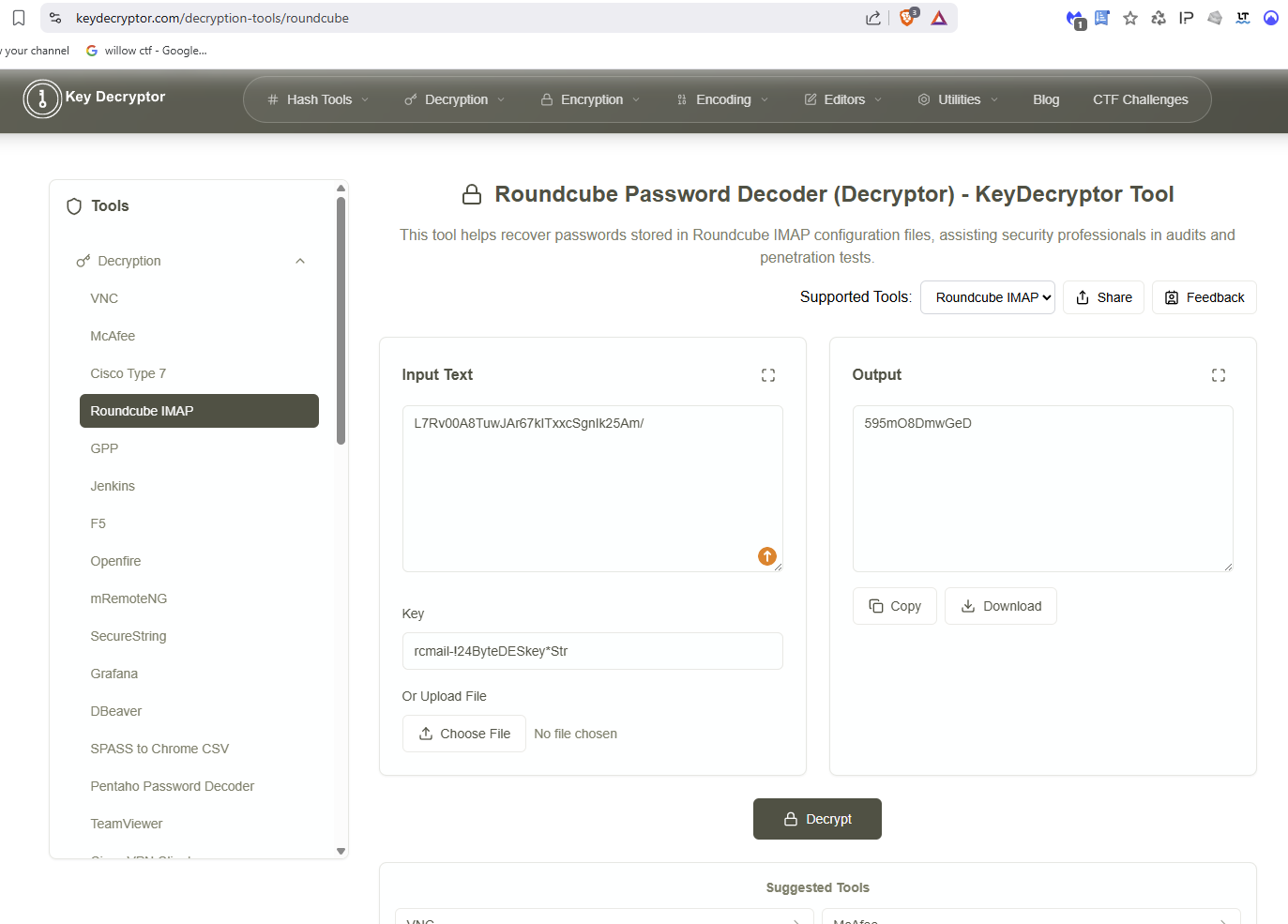 Outil Roundcube Password Decoder montrant le déchiffrement du mot de passe stocké dans la session de l’utilisateur jacob à l’aide de la clé des_key récupérée dans config.inc.php sur outbound.htb