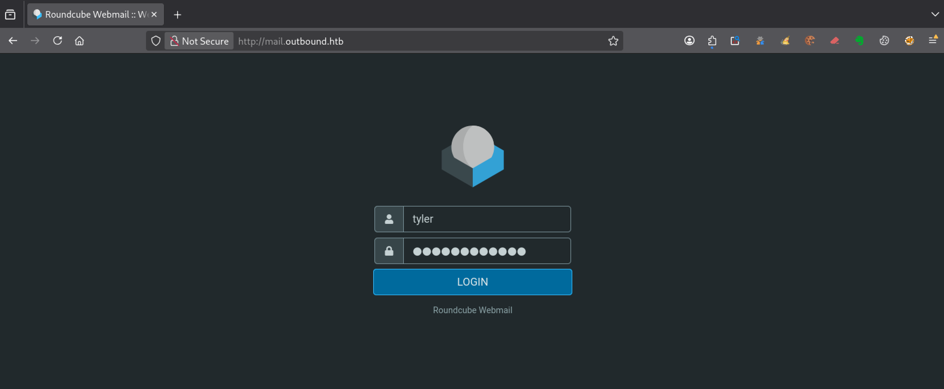 alt=Interface de connexion Roundcube Webmail 1.6.10 accessible sur mail.outbound.htb avec formulaire d’authentification utilisateur