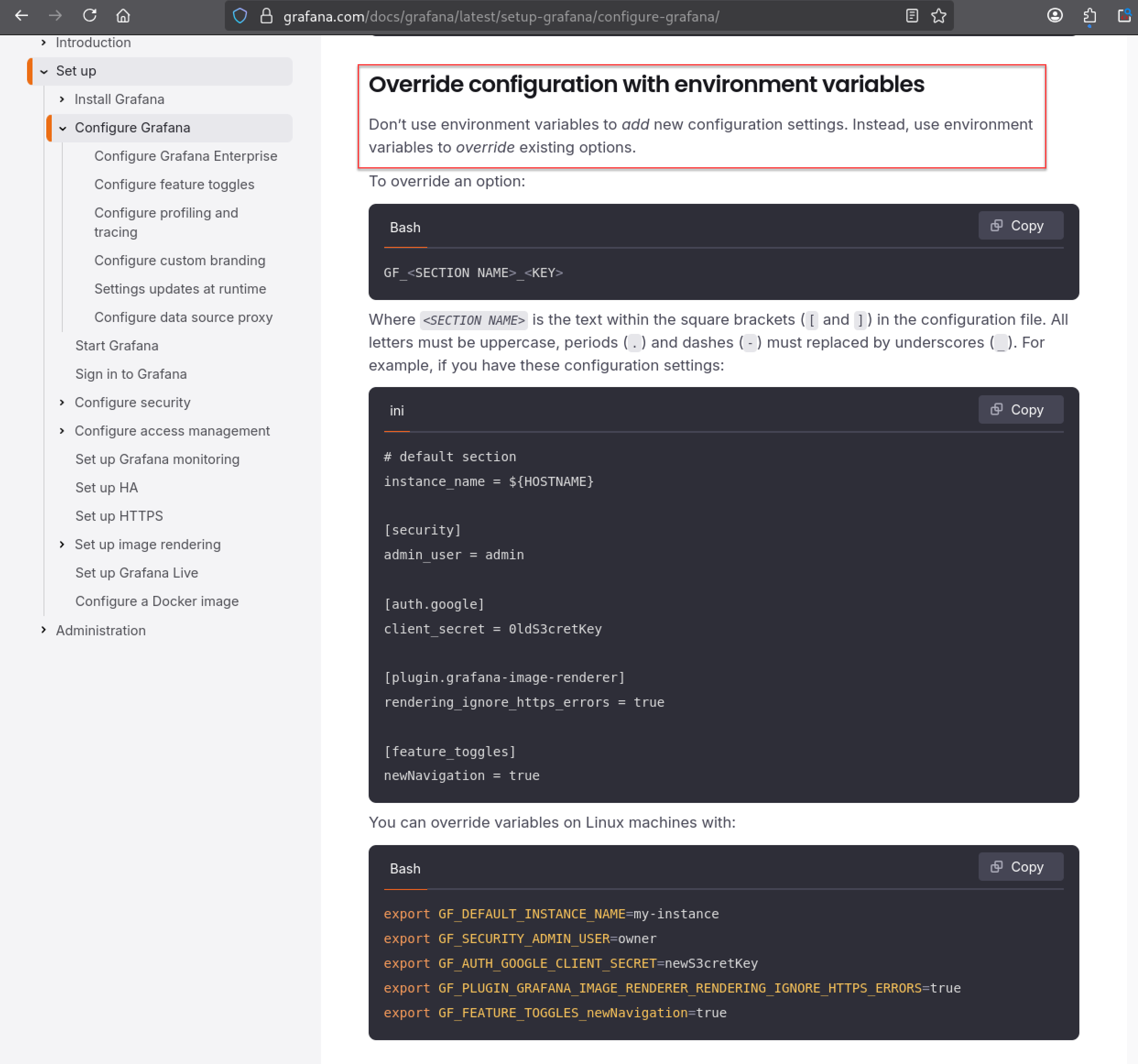 Documentation Grafana expliquant l’override de configuration via variables d’environnement GF_SECURITY_ADMIN_USER et GF_SECURITY_ADMIN_PASSWORD utilisé dans le conteneur Grafana de planning.htb
