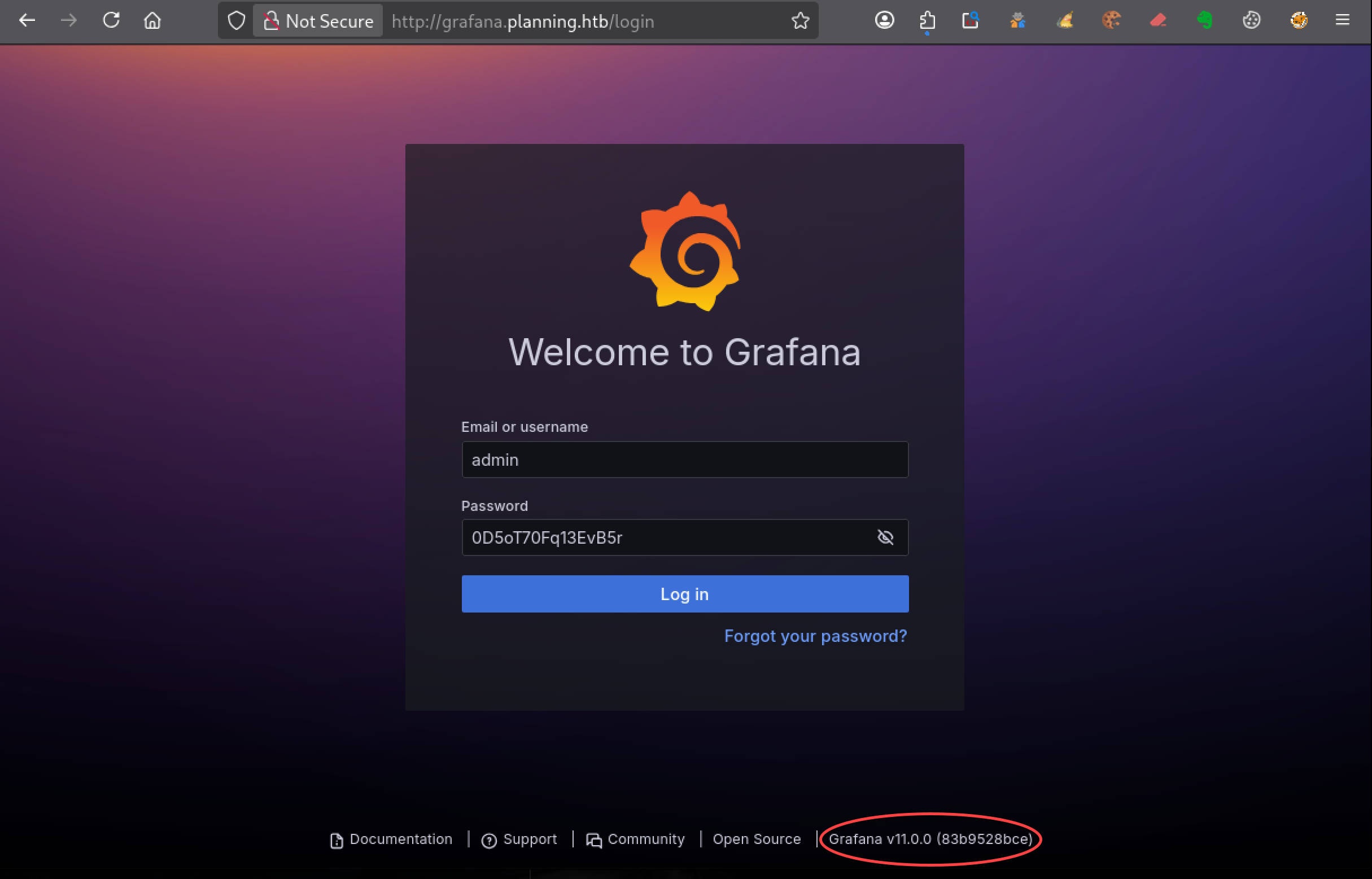 Page de connexion Grafana v11.0.0 sur planning.htb avec authentification admin et affichage de la version vulnérable utilisée pour exploiter CVE-2024-9264