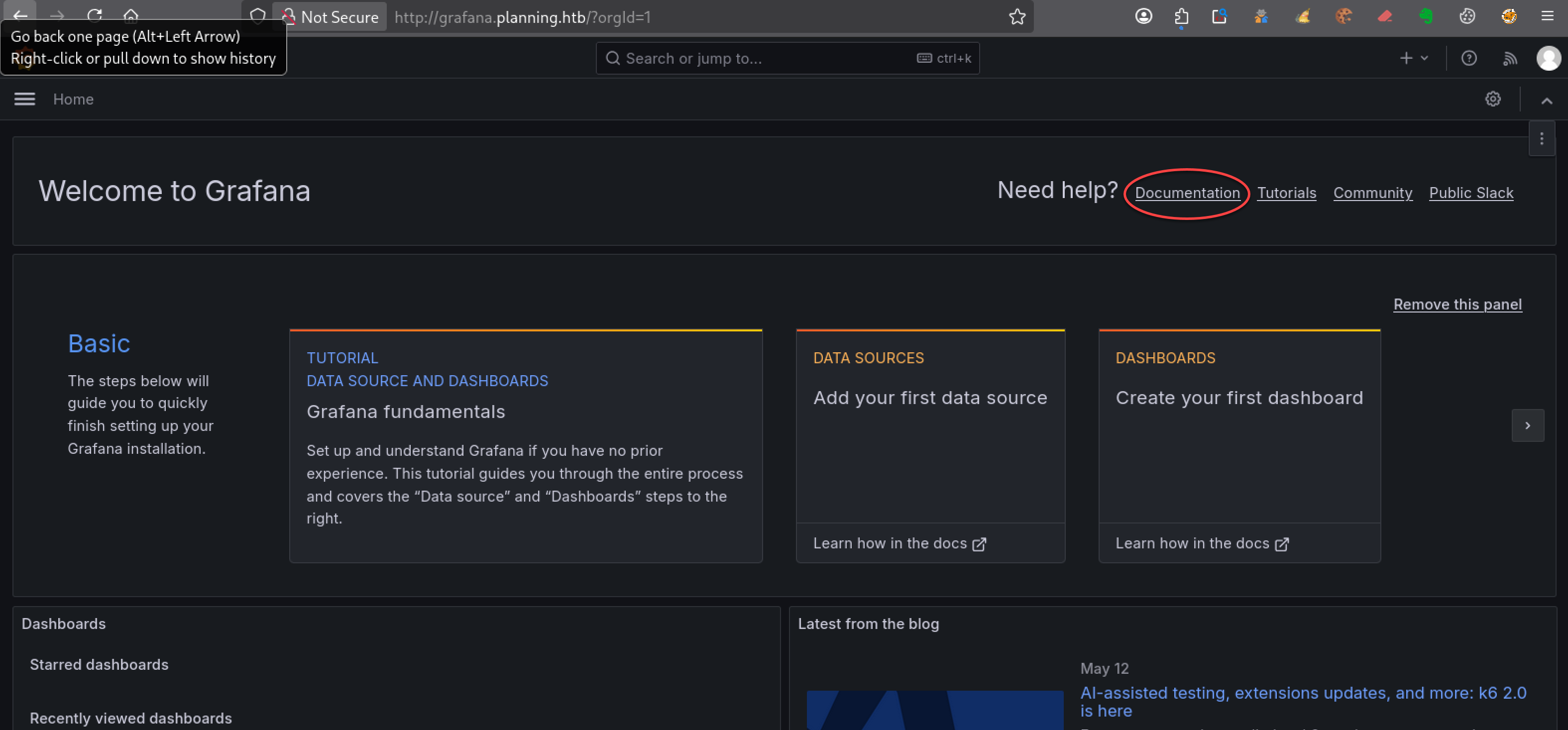 Interface d’accueil Grafana après connexion administrateur sur planning.htb permettant l’exploration des fonctionnalités et la préparation de l’exploitation de CVE-2024-9264