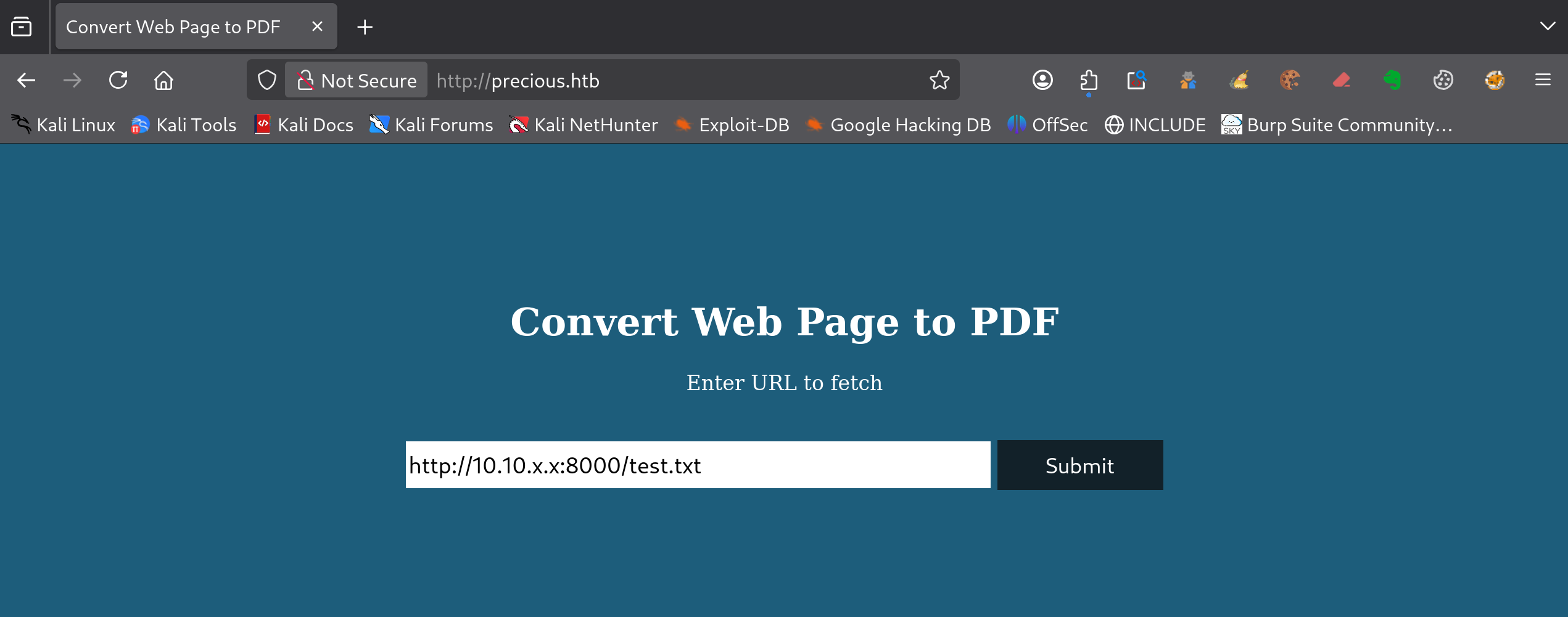 URL Kali fournie à l’application Precious