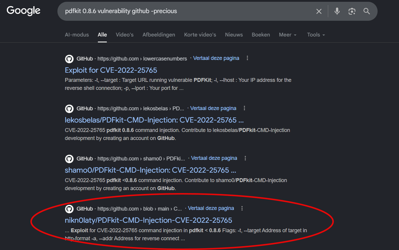 Recherche Google de CVE-2022-25765 pour pdfkit 0.8.6 en excluant Precious