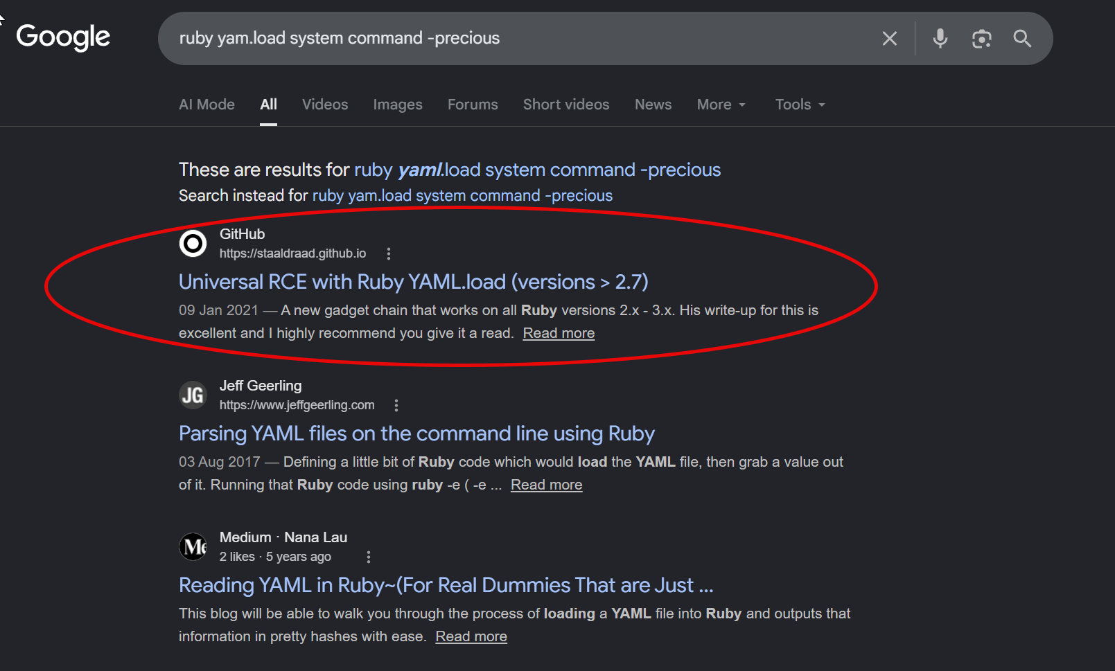 Recherche Google d’un payload Ruby YAML.load générique pour comprendre l’exécution de commande via désérialisation YAML